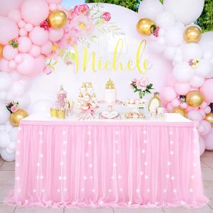 Pink Table Skirt 6FT Tulle Table Skirting 2 Layer Rectangle Pink Tutu Tablecloth for Birthday Baby Shower Wedding (6 ft x 30 in, Pink + Led Light)