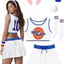 RUODON 6PCS Halloween Bunny Costume for Women, Basketball Jersey Outfit with Top Skort Headband Wristbands Socks Tail (Medium)