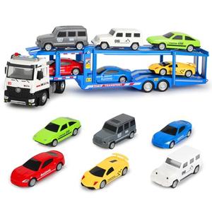 UFLJPKS Semi Truck Toys,Transporter Flatbed Truck with 6 Racing Cars, Double Decker Carrier Semi with Openable Doors & Lights & Sounds,Toddler Boy Toys Gift for for 3 4 5 6 7 Boys Girls (Cars)
