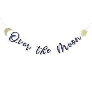 Over The Moon Baby Shower Decorations - Outer Space Birthday Party Banner (Navy Blue Moon)
