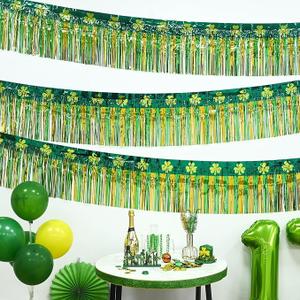 MegaL St Patricks Day Decorations 2 Pack 39Ft Foil Fringe Garland Tinsel Banner, Green Gold Shamrock Pattern Metallic Hanging Backdrop Streamers Table Skirts for Birthday Party Parade Float Golf Cart