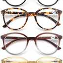 MODFANS Women Reading Glasses 4Pack Large Round Frame Readers Spring Hinges with 4 Pouch, +1.0