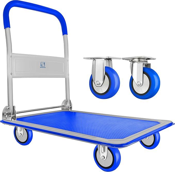 Push Cart Dolly by Wellmax, Moving Platform Hand Truck, Foldable for Easy Storage and 360 Degree Swivel Wheels with 330lb Weight Capacity, Blue Color