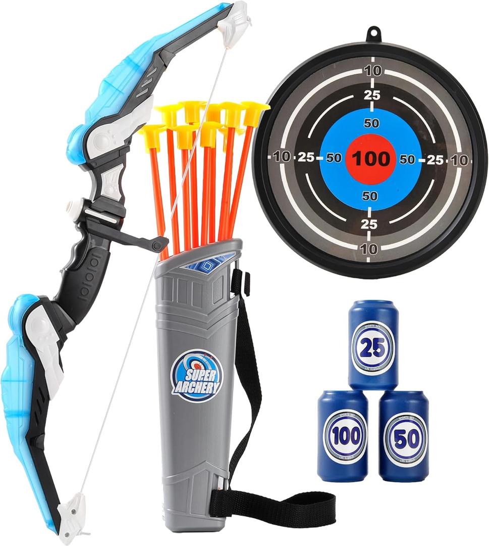 PowerTRC Kids Bow and Arrow Set, Bow and Arrow Set for Kids 8-12  Kids Archery Set with Target Practice LED Light Up with 10 Suction Cup Arrows & Quiver Outdoor Play Toys (Blue)
