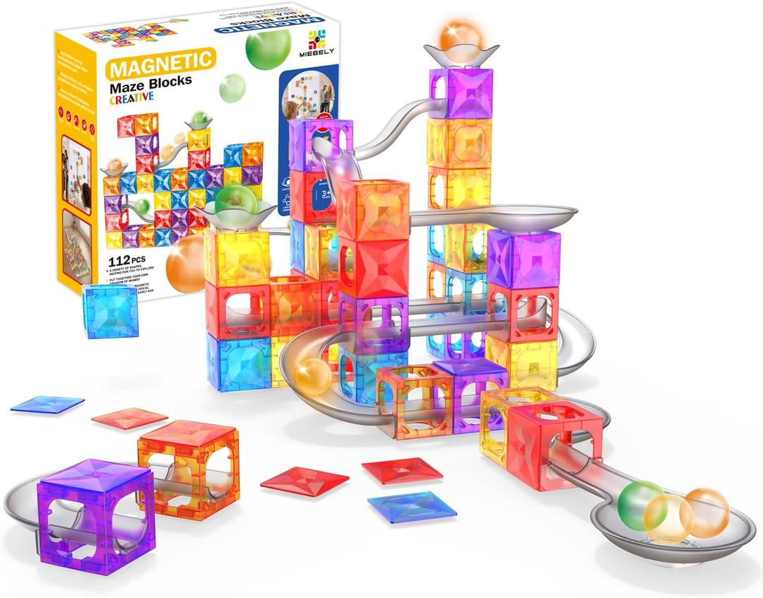 MIEBELY Magnetic Tiles, 112 PCS Magnetic Maze Building Blocks Toy for Kids with Glowing Ball, Magnet Marble Run Set, STEM Education Toddler Toy Building Block Gifts for Boys and Girls 3 4 5 6 7 8 9