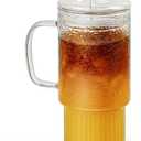 32oz Glass Cups with Handle Lids and Straws, Borosilicate Glass Tumblers for Iced Coffee, Smoothies, Fruit Drinks. Reuseable Glasses Cups for Cold/Hot Water (glass lid 1 pack)