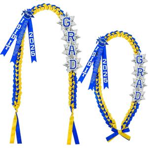 63'' Graduation Lei 2025 Handmade Double Braided Ribbon Necklace with Tassel & Number Patch Class of 2025 Honor Cord Gift Set Money Leis Kit for College Graduation Party(Blue,Yellow)