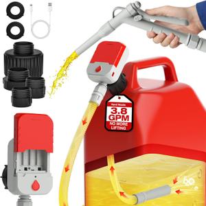 Keimi Portable Fuel Transfer Pump with Hand Trigger Nozzle for Quick Stop, 3.8 GPM, 51" Extra Long Hose, Battery & USB Powered, 4 Can Adapters, Leak-proof Gas Pump for Gasoline, Diesel and Kerosene
