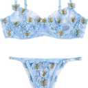 WDIRARA Women's 2 Piece Floral Embroidery Underwire Lingerie Set Mesh Bra and Panty Set Light Blue S