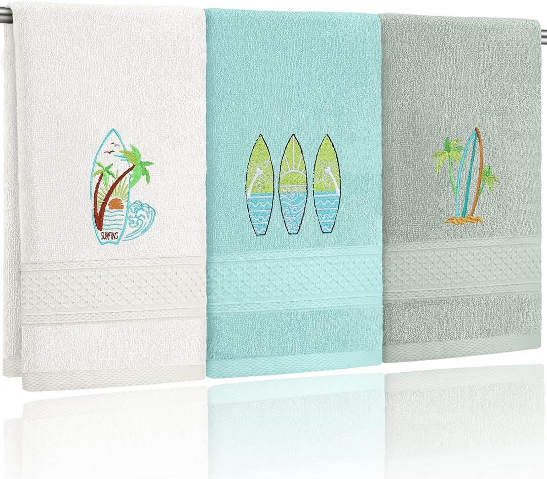 3 Pack Summer Surfboard Hand Towels for Bathroom 100% Cotton Embroidered Beach Bathroom Towels 13.78 x 29.53 Inch Soft Absorbent (Green Series, Surfboard) 3 Pack Summer Surfboard Hand Towels for Bathroom 100% Cotton Embroidered Beach Bathroom Towels 13.78 x 29.53 Inch Soft Absorbent (Green Series, Surfboard)
