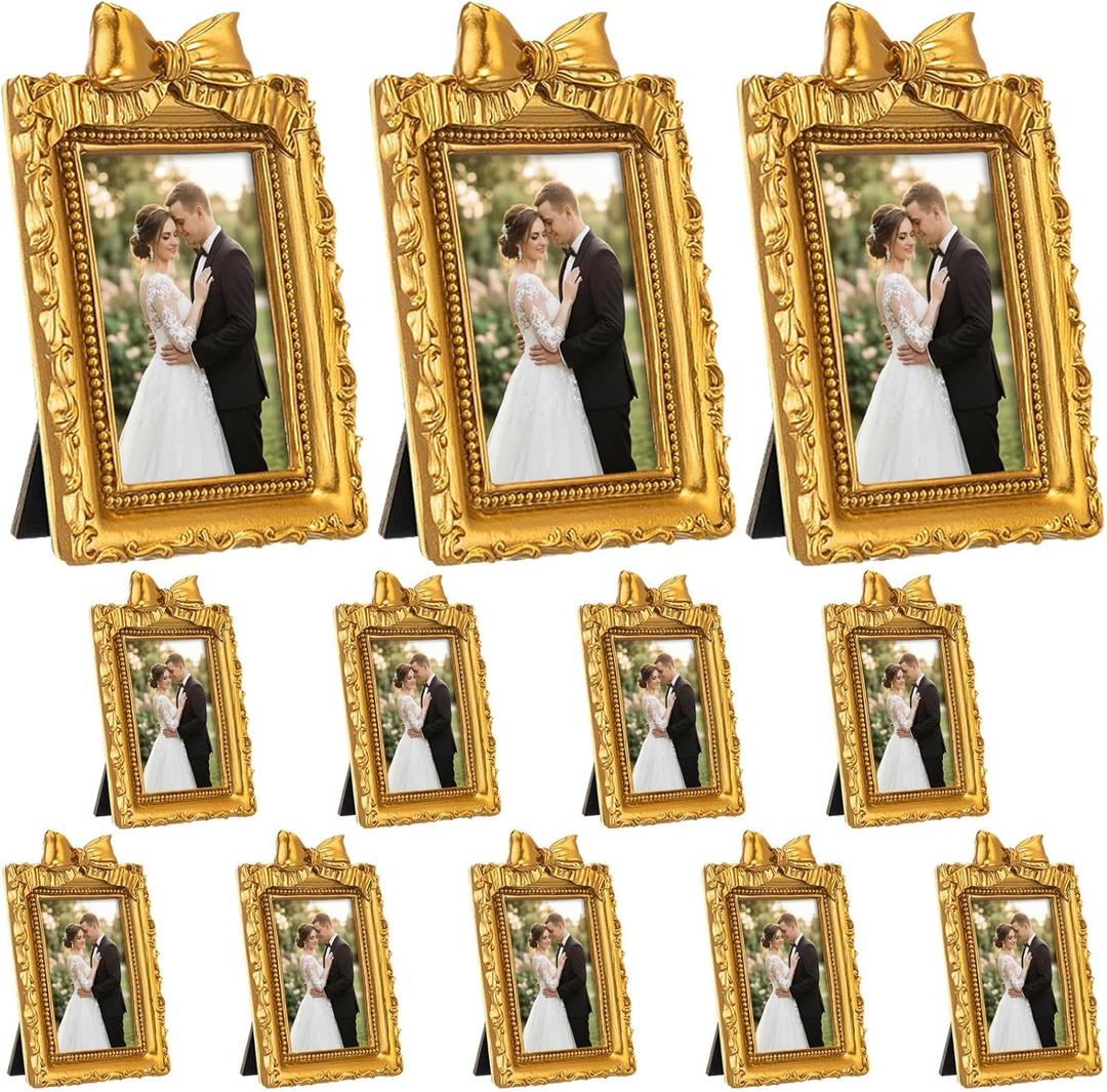 Vicenpal 12 Pcs Gold Tiny Picture Frame 2.4 x 1.7 Inch Small Vintage Oval Picture Frames Stylish Vintage Baroque Ornate Antique Resin Oval Table Display for Home Wedding (Retro Style)