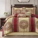 Queen Comforter Set, Wine Gold Medallion Jacquard Design, Luxurious Bohemian 7 Pieces Bedding Set with Decorative Pillows and Bed Skirt