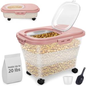 Airtight Pet Food Container, Collapsible Dog Food Storage Container 17-20 lb with Castors, Plastic Dog Food Bin with Pet Food Scoop & Measuring Cup for Dry Food Storage(red)