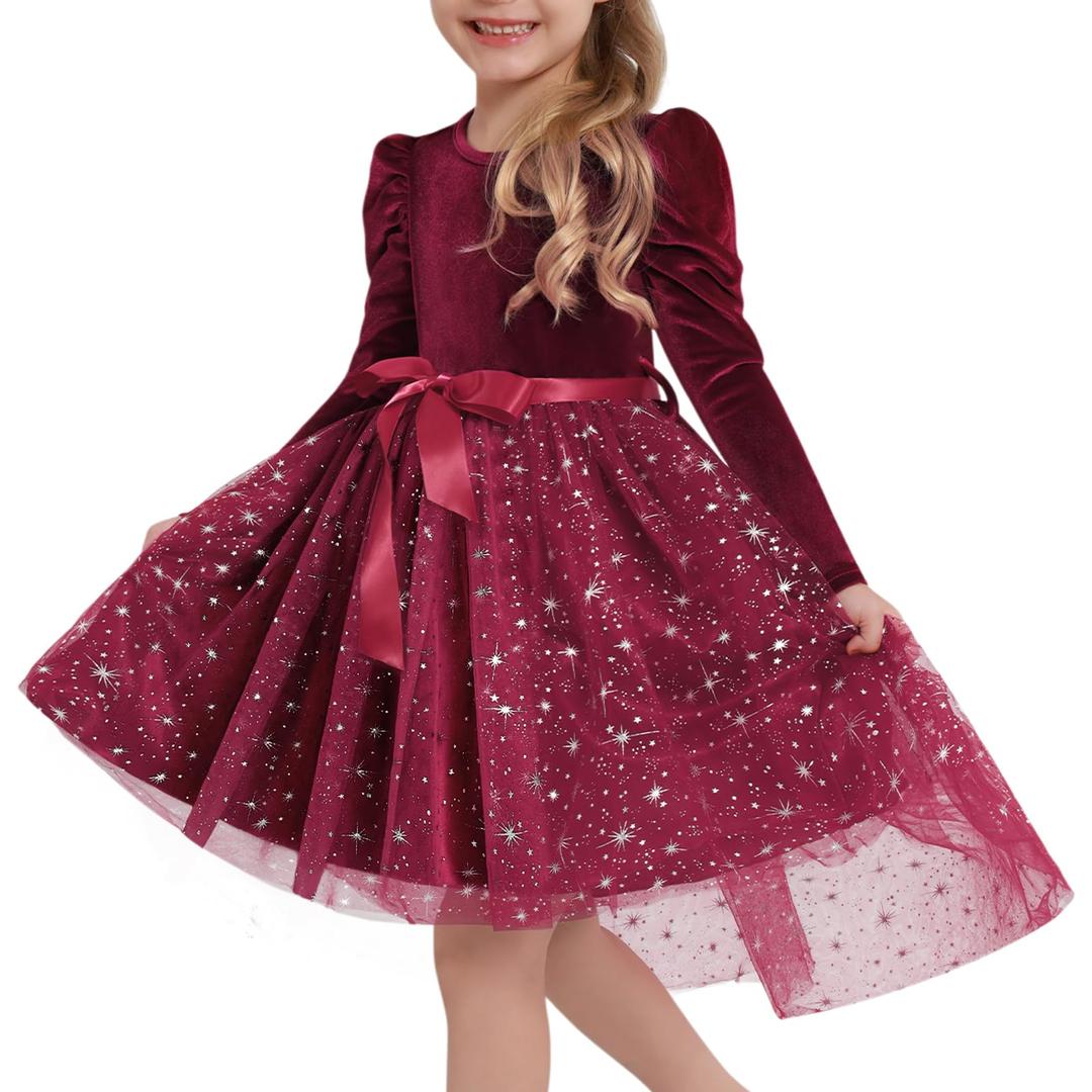 Luckrizyy Girls Velvet Christmas Dress Toddler Tulle Sequin Tutu Dresses Kids Winter Party Holiday Casual Princess Dress 2-7Y Red (Red)