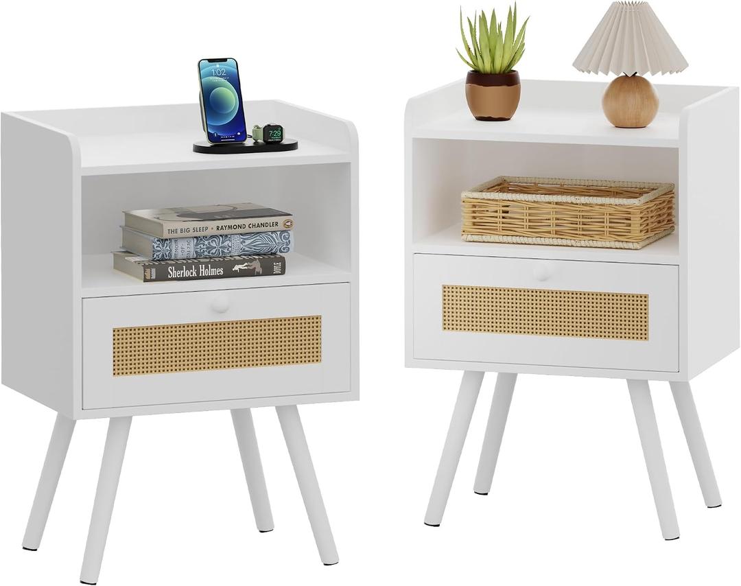 SUPERJARE Nightstands Set of 2, Bedside Tables with PE Rattan Drawers, Rattan Side Table with Storage & Solid Wood Feet, End Table for Bedroom, White