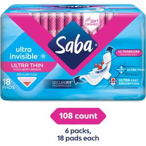 Saba Ultra Invisible Ultra Thin Regular Flow Pads with Wings and SecureFit Technology, 108 Count (6 Packs of 18)