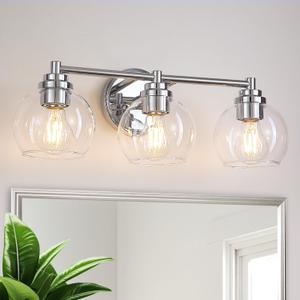 Upgrade 3-Light Bathroom Light Fixtures, Modern Vanity Light with Globe Glass Shade, Silver Chrome Bathroom Lights Over Mirror, Vanity Lights for Bathroom Bedroom Kitchen Hallway Living Room