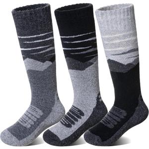 SeeyAN Kids Merino Wool Ski Socks Boys Girls Thermal Warm Boot Thick Winter 3 Pairs Cozy Socks For Skiing & Snowboarding (13-15 Years, Black/Grey/Dark Grey)