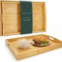Bamboo Serving Tray Set of 2 with Handles, Nesting Wooden Serving Trays for Food & Drinks, Coffee Table Ottoman Tray for Living Room Decor, Large 16.9" x 12.7" x 1.5" & Small 15.6" x 11.7" x 1.5"
