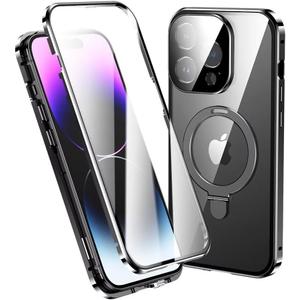 for iPhone 14 Pro Max Case Compatible with Magsafe [Magnetic Adsorption + Safety Lock] Ring Stand Aluminum Bumper Tempered Glass Screen Lens Protector (iPhone14ProMax, Black)