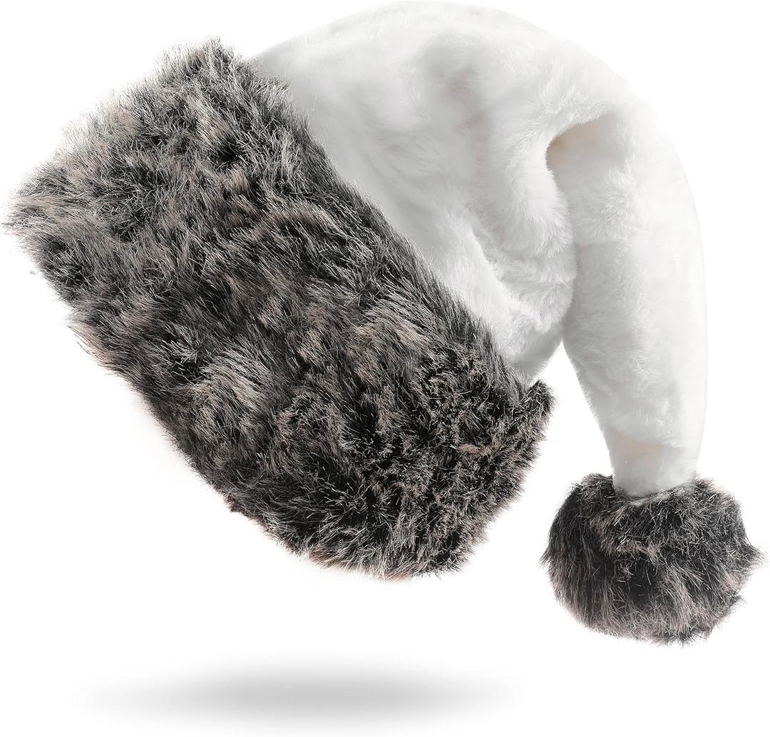 18 Inch Christmas hats for adults christmas headwear Fluffy Santa Hat for Women Men Xmas Holiday New Year Party (White)