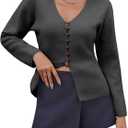 Saodimallsu Womens V Neck Cardigan Sweaters Button Up Fall Trendy Front Split Long Sleeve Sweater Blazer (Gray)