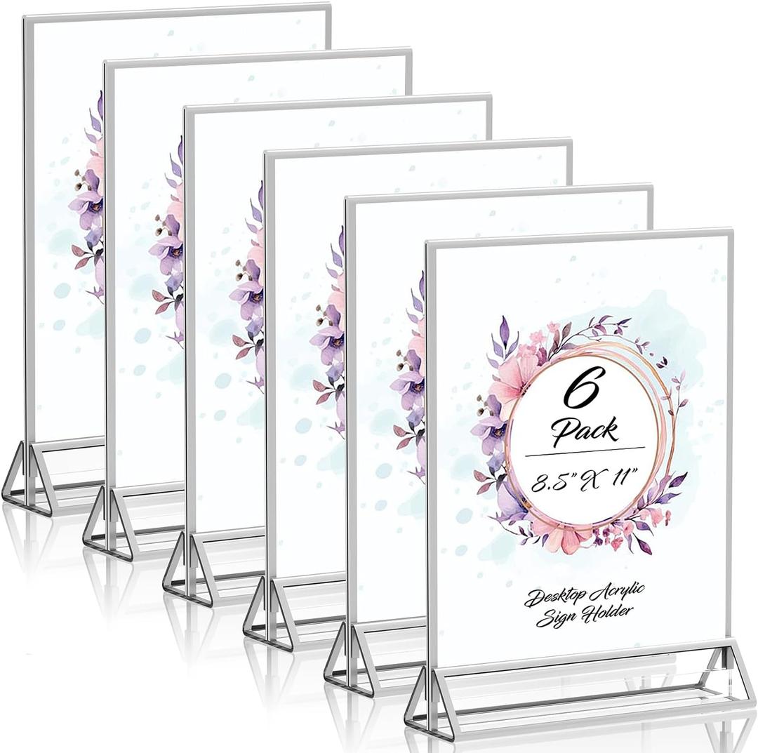 Clear Acrylic Sign Holder 8.5"X11" with Silver Borders Display Stand, Double Sided Acrylic Picture Frames Plastic Sign Holder for Wedding Table Numbers Menu Holder (6 Pack)