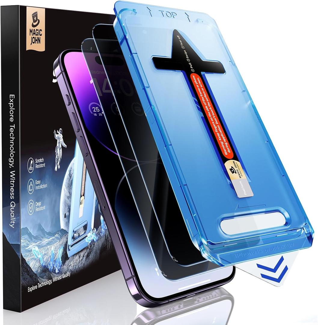 MAGIC JOHN 2 Pack for iPhone 14 Pro Max 6.7 inch Privacy Tempered Glass Screen Protector, Auto Dust-Elimination Installation, Easy Installation, Bubble Free