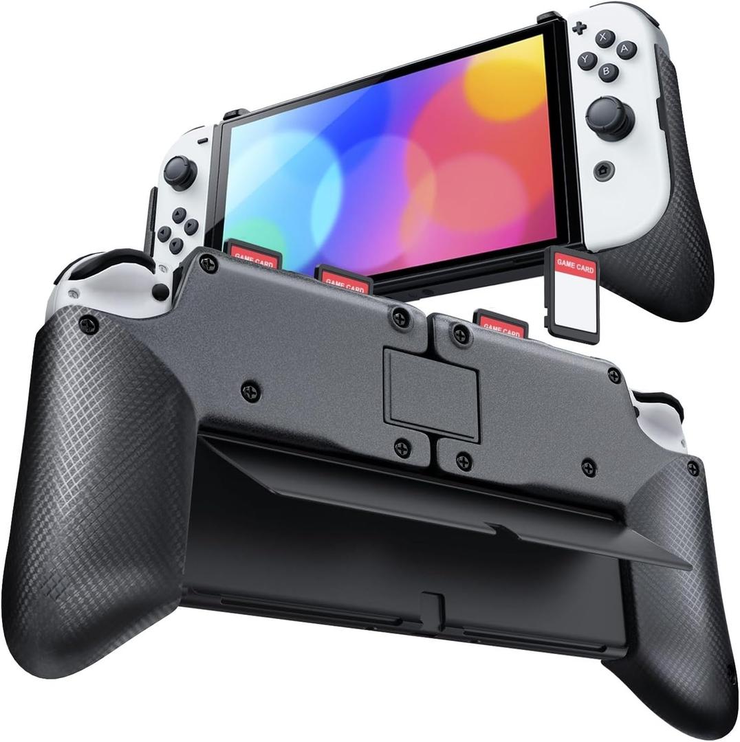 TNP Grip Case for Nintendo Switch OLED - Foldable Ergonomic Switch Grip with Slim, Lightweight, Comfortable Handle & 4 Game Card Slots Compatible with N-Switch OLED Model(2021) ONLY, Black