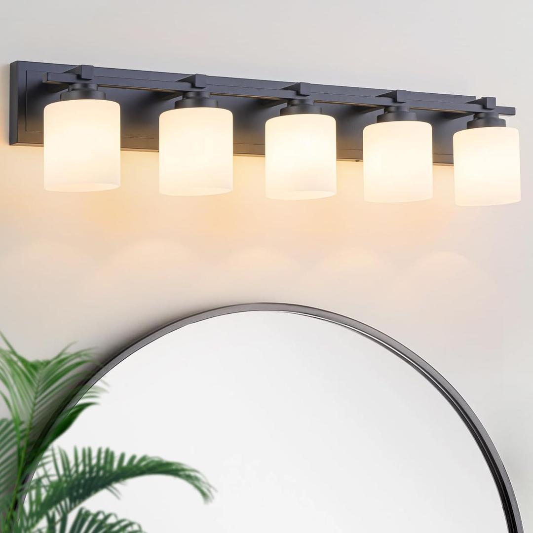 5 Light Modern Bathroom Light Fixtures Over Mirror, Black Vanity Lights for Bathroom Wall Sconces with Milky White Glass Shades, E26 Socket (Bulbs Not Included)