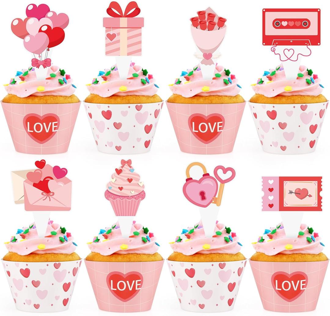 Hooqict 48Pcs Valentine's Day Cupcake Toppers and Wrappers Pink Red Heart Sweet Love Valentines Cupcake Topper Decorations for Happy Valentines Galentines Day Anniversary Birthday Party Decorations