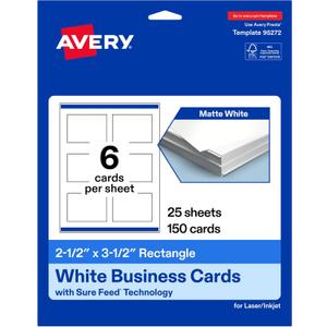 Avery Printable Rectangle Cards, Sure Feed Technology, 2.5" x 3.5", Matte White Cardstock, Print-to-the-Edge, Laser/Inkjet Cards, 150 Total