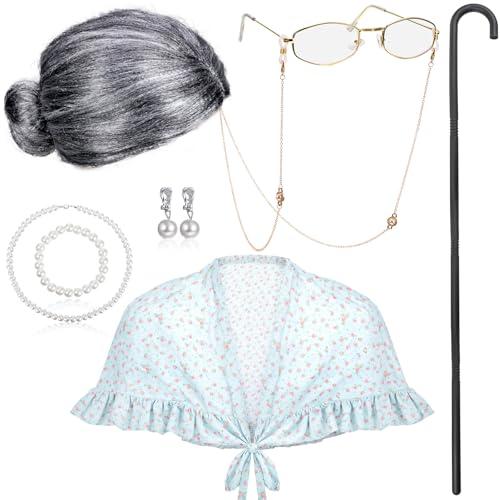 BBTO 100 Days of School Costume Old Lady Costume for Kids Granny Wig Shawl Grandma Outifits with Glasses and Accessories (Ashen Hair Style)