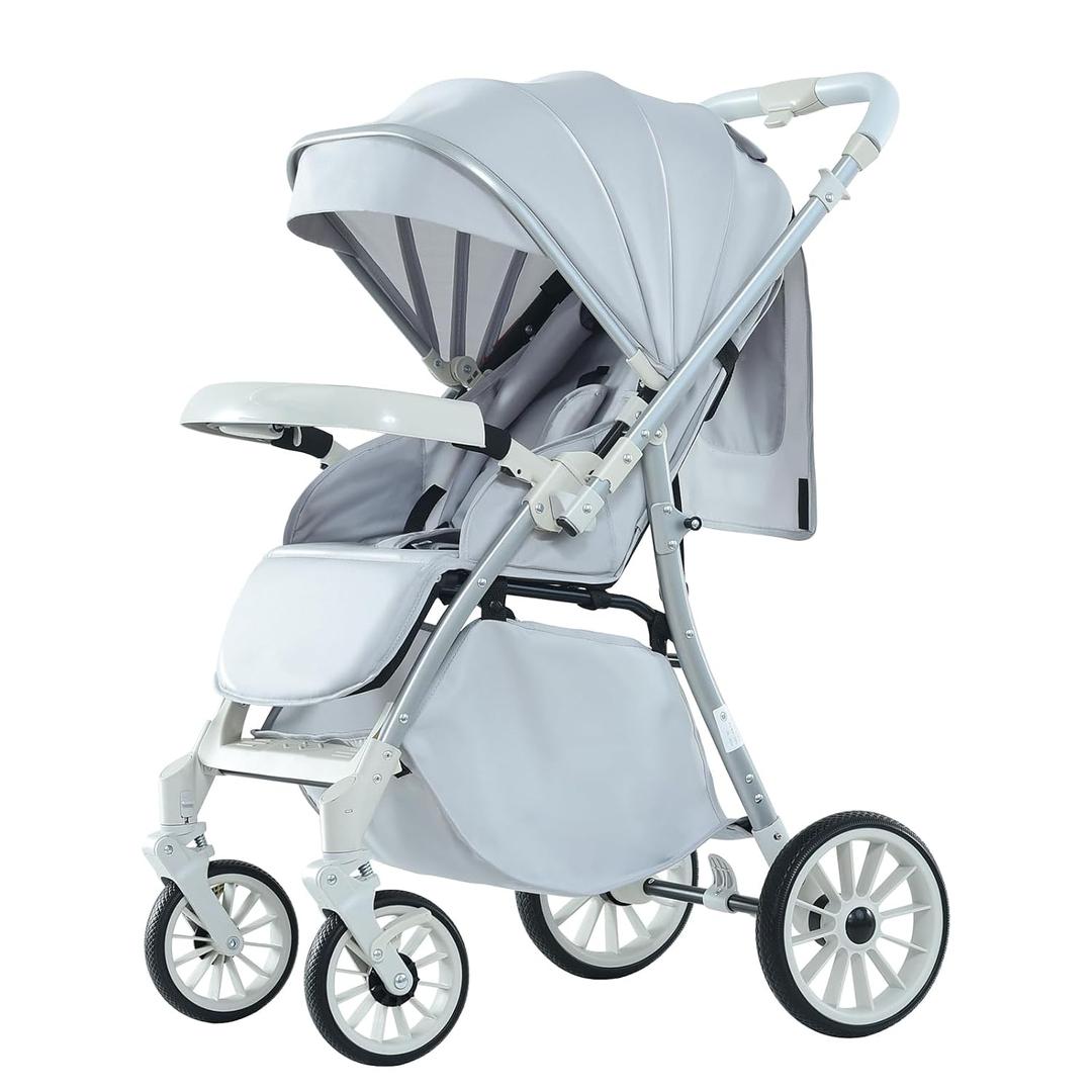 Baby Stroller, 2-in-1 Reversible Toddler Seat with Snack Tray, Foldable Infant Stroller with Canopy, One Button Brake, Adjustable Handle, Newborn Pushchair (Grey)