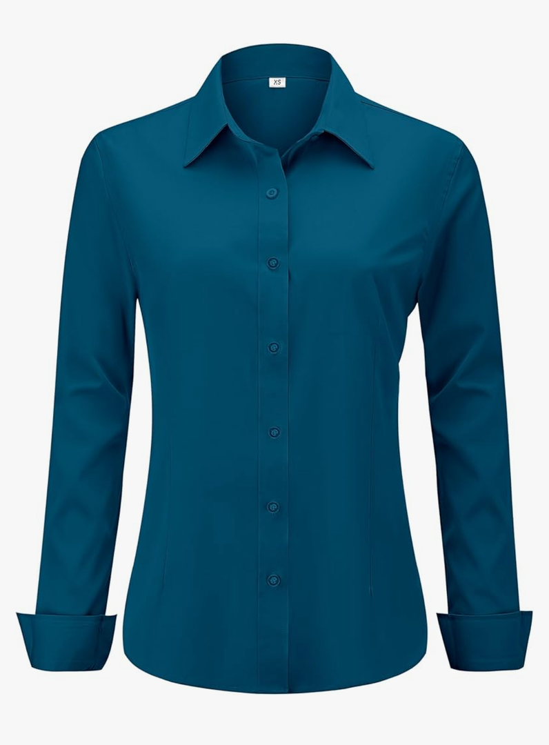 Soft Wrinkle-Free Women's Button Down Dress Shirts Solid Long Sleeve Work Blouses Fit Stretch Casual Tops M