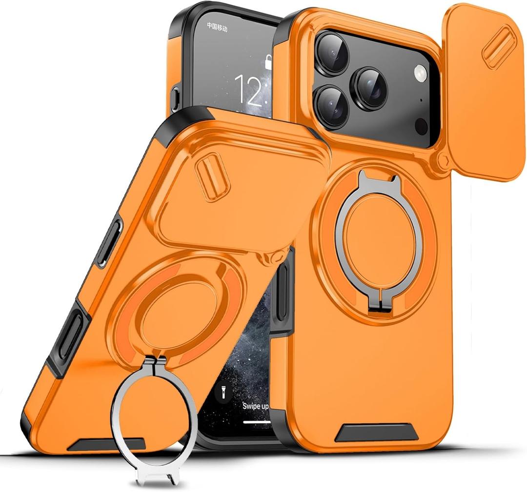 for Apple 17 Pro Max Case with Slide Camera Cover, Military Grade Drop Protection Heavy Duty Shockproof with 360 Rotate Kickstand Case for iPhone 17 Pro Max.Slide Orange