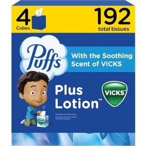 Puffs Plus Lotion with Vicks Facial Tissues, 4 Cubes, 48 Tissues per Box (192 Tissues) [Packaging May Vary]