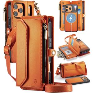 Strapurs for iPhone 17 Pro Max Detachable Wallet Case Compatible with Magsafe, RFID Blocking 9-Card Holder Zipper Strap Lanyard PU Leather Magnetic Phone Case for iPhone 17 Pro Max 6.9", Orange