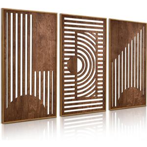 TOARTi Abstract Geometric Framed Wooden Wall Art Decor(16"x32"x3pcs), Large Vintage Mid Century Rectangle Wall Sculptures, Rustic Minimalist Geometry Artwork for Home Bedroom Living Room