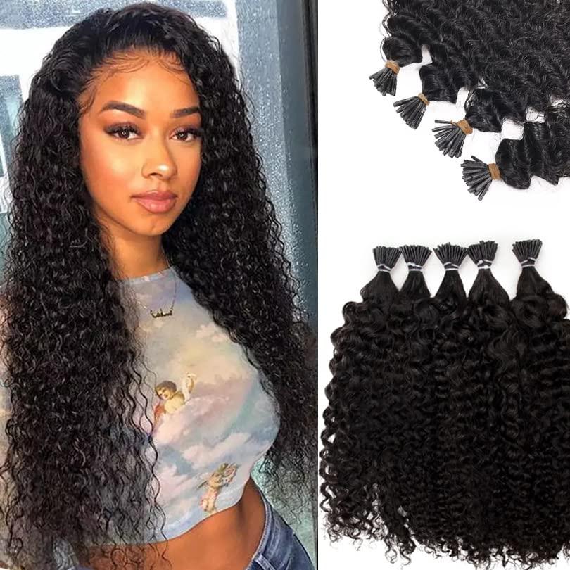 I Tip Hair Extensions Human Hair 20 Inch Kinky Curly I Tip Human Hair Extensions for Black Women Cold Fusion Stick Tipped Brazilian Virgin Hair Curly Microlink Hair Extension 50g50Strands (#1B-KC)