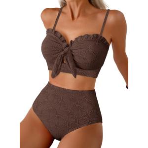Herseas Women's Seashell Textured Bikini Sets Knotted Front 2 Piece Swimsuits Ruffle Trim Bathing Suits (Large, Brown)