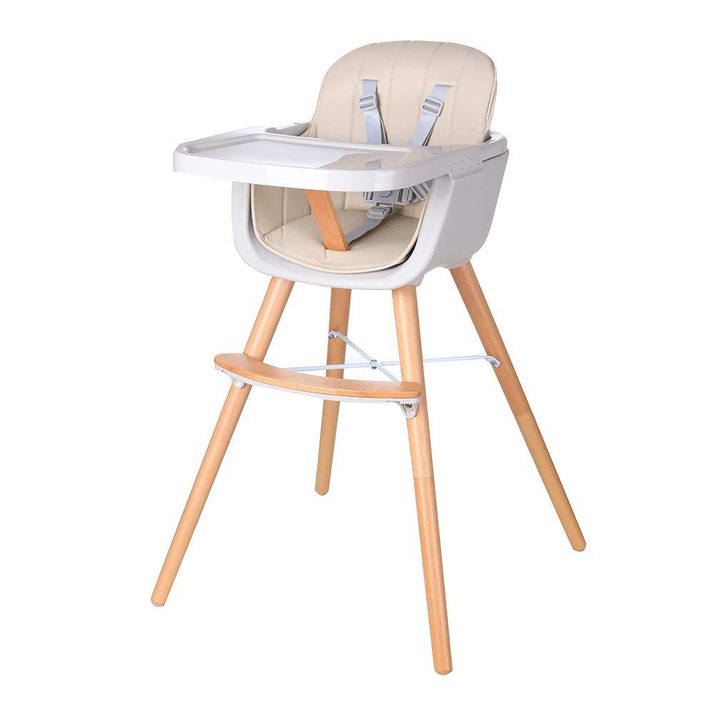 Foho Baby High Chair, Perfect 3 in 1 Convertible Wooden High Chair with Cushion, Removable Tray, and Adjustable Legs for Baby & Toddler, Biege