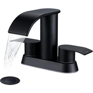 Ultimate Unicorn Waterfall Bathroom Sink Faucet Matte Black, Two Handles Bathroom Faucet with Metal Pop up Sink Drain Stopper, 2 or 3 Holes Bathroom Basin Lavatory Tap with Deck Mount Plate