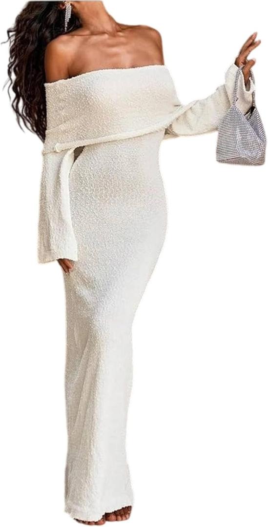 SOLY HUX Women's Off The Shoulder Long Sleeve Sweater Dress Party Formal Bodycon Maxi Dresses Plain Beige Small