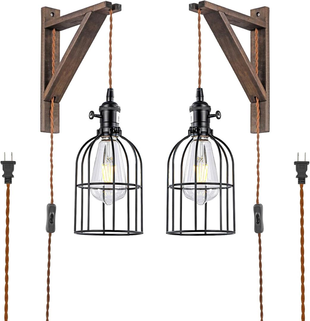 SEEBLEN Wooden Plug in Pendant Light Set of 2 - Farmhouse Wall Sconces with with Plug in Cord, Plug in Hanging Lamps for Bedroom, 6.5FT Brown Cord & Switch, Rustic Wood Wall Lamp That Plug into Outlet