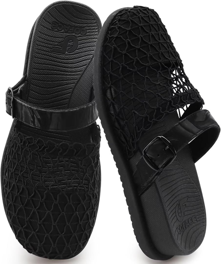 COFACE Women’s Orthotic Sandals Ladies Fashion Breathable Mesh Mules Round Toe Backless Loafers Slides Adjustable Wedge Heel Cushion Walking Sandles With Comfortable Arch Support (Black) 9