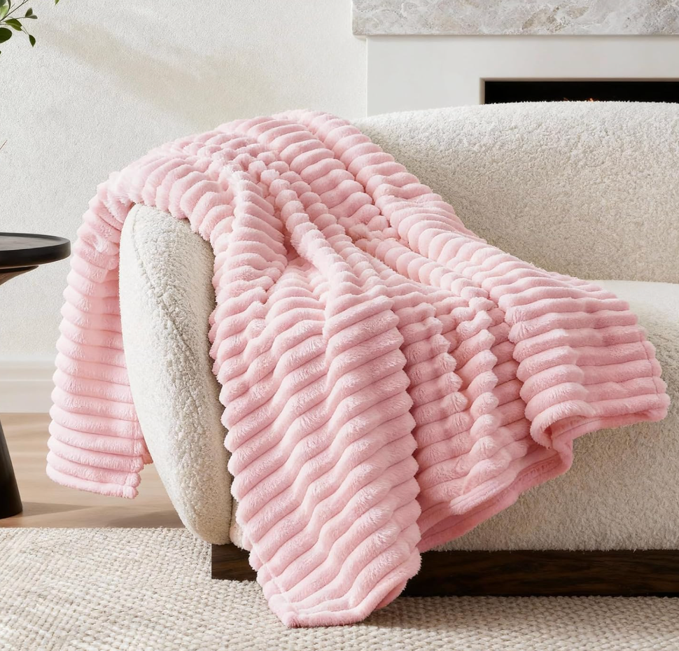 Pink Fuzzy Blanket, Blanket for Couch, Soft Lightweight Ribbed Plush Blanket for Sofa and Bed, All-Season Cozy Striped Throw 90x90 inches