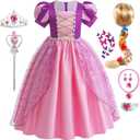 G.C Girls Princess Costume Dress Up Toddler Puff Sleeve Dresses Wig Crown Wand Jewelry Halloween Cosplay Clothes (130 (7-8 Years))
