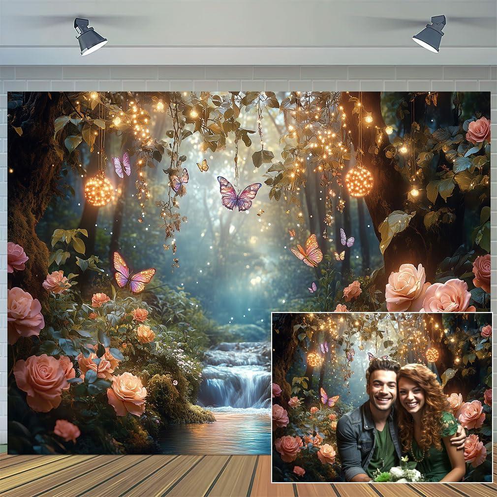 20X10ft Natural Landscape Background Fantasy Forest Tale Backdrop Colorful Flower Waterfall Butterfly Floral Plants Decorations Photography Backgrounds Fairy Aesthetic Backdrop Photo Shoot Decor
