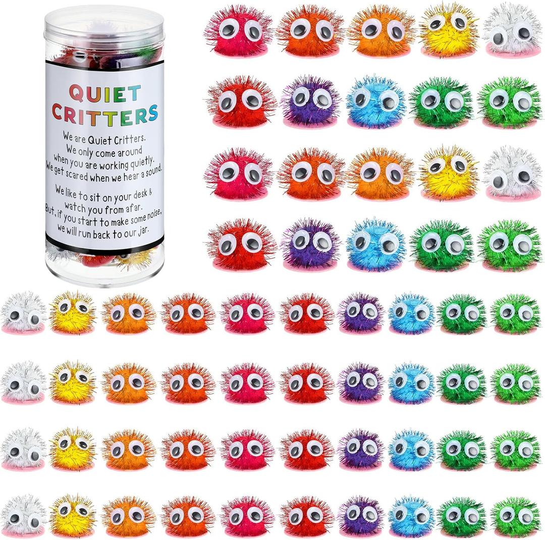 WinnerWhy 50 Pcs 1'' Multicolor Pom Poms Critters with Plastic Jar Quiet Critters Classroom Management, Behavior Classroom Management Tool, Homeschooling, Educational and Learning Activities for Kids